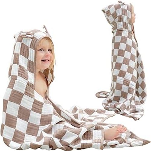 HardNok Bamboo Muslin Hoooded Toddler Towels,Silk Soft and Comfortable Large Baby Towel for Boys,Girls (55 x 28, Checkered Coffee)
