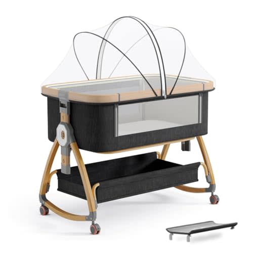 Baby Bassinet, Bedside Bassinet for Baby, 4 in 1 Portable Bassinet Bedside Sleeper with Wheels Mosquito Net & Storage Basket, 6 Height Adjustable Rocking Bassinet for Newborn Baby