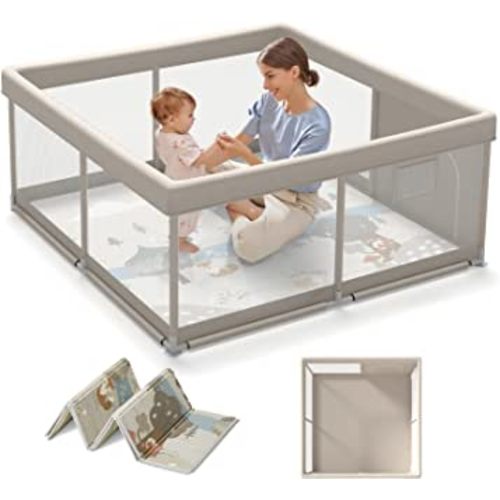 Fodoss Baby Playpen with Mat, Small Baby Play Pen(47x47inch), Playpen for Babies and Toddler (47×47inch Beige with mat)