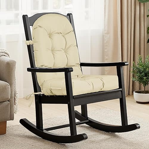 Rocking Chair Cushion Outdoor/Indoor 44x19 Inch, Waterproof Thick High Back Patio Chair Cushions, 3 Non-Slip Designs of Tufted Rocking Chair Pads, Cream