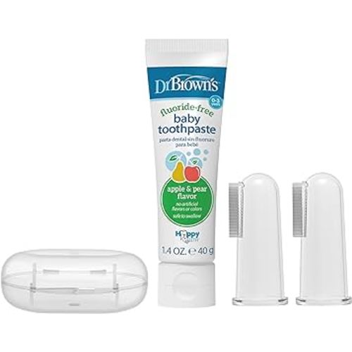 Dr. Brown's 100% Silicone Baby Finger Toothbrush and Toothpaste Set, 2-Pack Toothbrush with Storage Case, Fluoride-Free Apple Pear Toddler Toothpaste