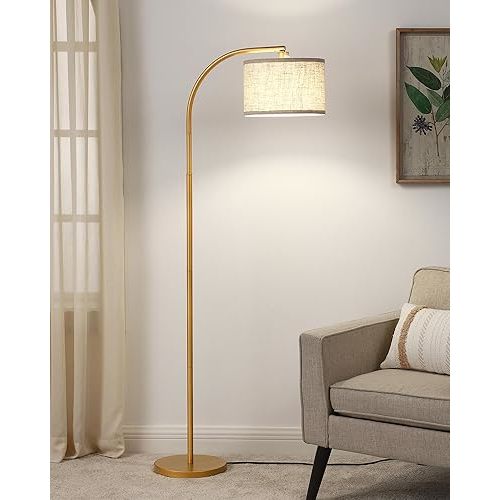 DEWENWILS Gold Arched Floor Lamps for Living Room, Boho Standing Arc Lamp with Adjustable Lampshade, Mid Century Modern Reading Light with Foot Switch for Bedroom, Home Office, Nursery