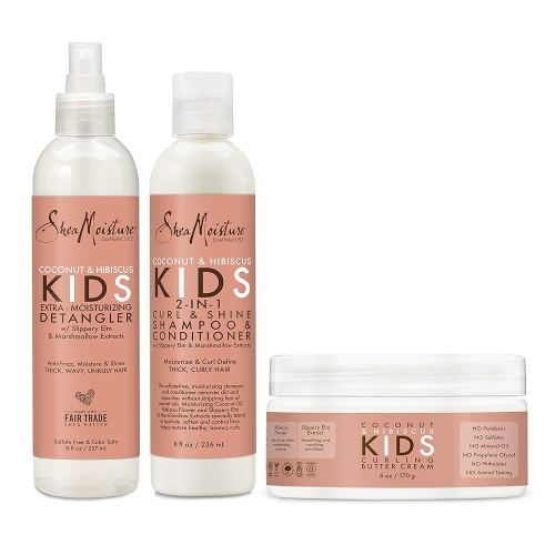 SheaMoisture Kids Extra Moisturizing Detangler, 2-In-1 Curl & Shine Coconut Hibiscus Shampoo & Conditioner, and Curling Butter Cream for Curly Hair 3 Count
