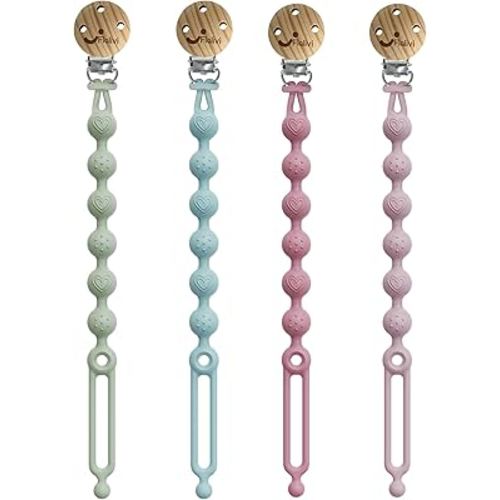 Silicone Pacifier Clips Holder with One Piece Design, Soft Flexible Paci Binky Clips with Texture for Baby Boy and Girl (Sky Blue,Powder Rose,Rose Pink,Turquoise Green)