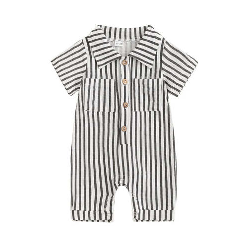 Baby Boy Striped Romper Short Sleeve Front Pocket Single-breasted Butt – August + Willow