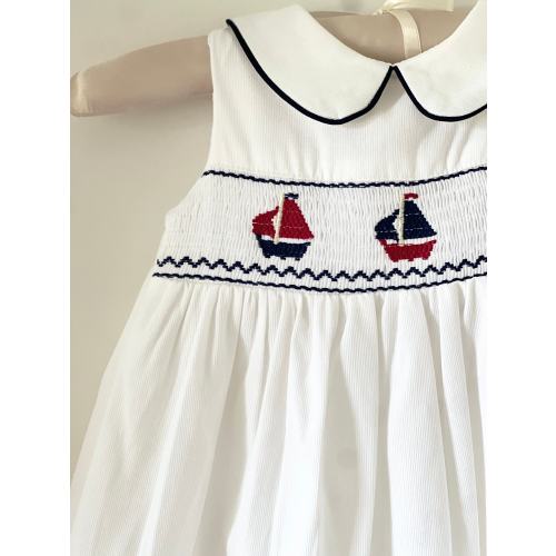 Girls White Nautical Smocked Dress, Girls Hand-Smocked Dress, Toddler Girls Summer Smocked Dress Sailboat Girls' Dresses Spring, Baby Shower