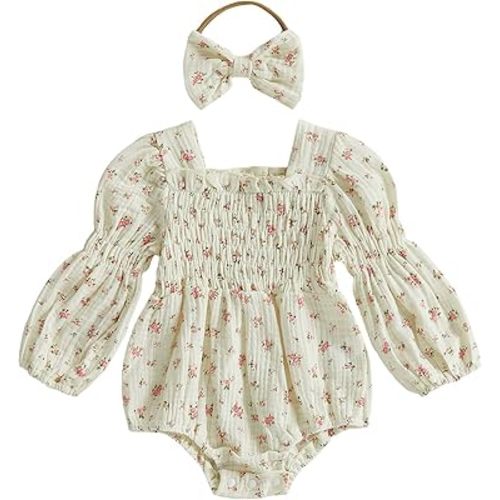 Smocked Baby Girl Clothes Newborn Girl Bubble Romper Long Sleeve Jumpsuit And Headband Outfit Cute Infant Clothing