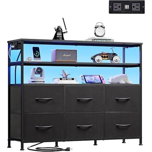 WLIVE Black Dresser for Bedroom, 6 Drawer Dressers with LED Lights and Charging Station, Fabric Chest of Drawers with Open Shelves, LED Storage Dresser for Living Room, Closet