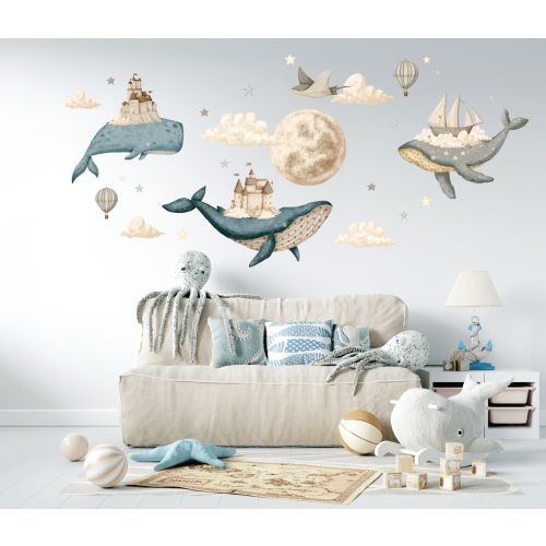 Ocean Nursery wall decal, Under the Sea sticker, Watercolor whale, Hot air Balloons, Castle wall decal, Kids room decor