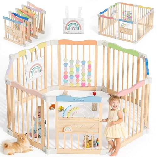 Foldable Wooden Baby Playpen - Adjustable Wood Play Yard, Indoor Large Safety Fence for Babies and Toddlers - No Door Design, 45 x 45 x 24 inches, Colorful Dream