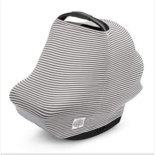 Parker Baby 4 in 1 Car Seat Cover for Girls and Boys - Stretchy Carseat Canopy, Nursing Cover, Grocery Cart Cover, High Chair Cover - “Pewter/Snow Stripes”