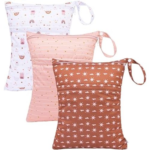 babygoal Wet Dry Bags for Baby Cloth Diapers, Washable Travel Bags, Beach, Pool, Gym Bag for Swimsuits & Wet Clothes with Two Zippered Pockets 3 Pack, 3LN16