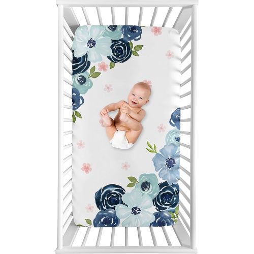 Sweet Jojo Designs Navy Blue and Pink Watercolor Floral Girl Fitted Crib Sheet Baby or Toddler Bed Nursery Photo Op - Blush, Green and White Shabby Chic Rose Flower