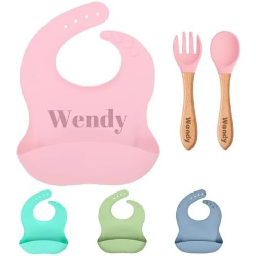 Personalized Silicone Baby Bibs Spoon and Fork Set with Name Icon,Custom Toddler Bibs,Personalized Baby Gifts for Boy & Girl