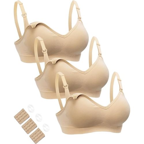 HOFISH Maternity Nursing Bras for Breastfeeding, 3 Pack Pregnancy Deep V Neck Wireless Bra with Extenders & Clips