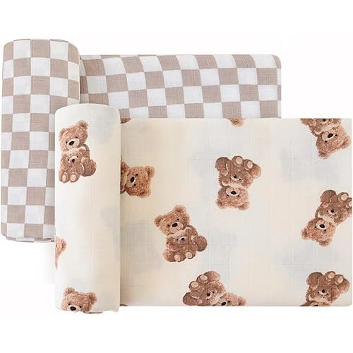 LifeTree Muslin Swaddle Blankets Neutral, Baby Swaddling Wrap Nursery Blanket Unisex, Soft 70% Viscose from Bamboo and 30% Cotton, Large 47 x 47 inches, Bear & Checkered Swaddle Blanket