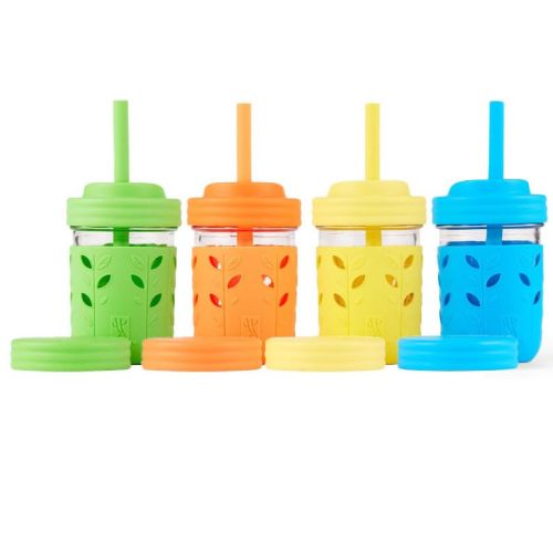 Elk and Friends Kids & Toddler Cups | The Original Glass Mason jars 8 oz with Silicone Sleeves & Silicone Straws with Stoppers | Smoothie Cups | Spill Proof Sippy Cups for Toddlers