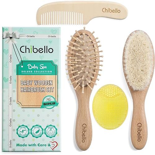 Chibello Baby Hair Care Set - 4 Piece Wooden Brush and Comb Set with Natural Goat Bristles, Ideal for Preventing Cradle Cap, Perfect for Baby Shower and Registry