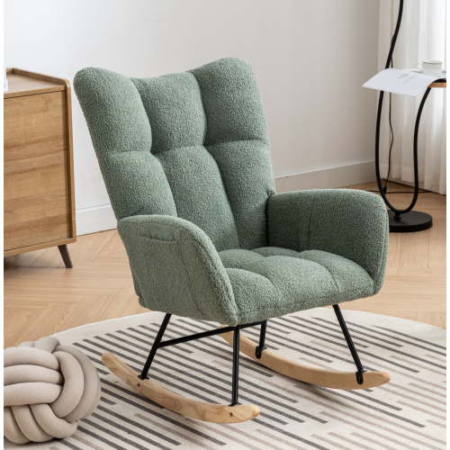 Rocking Chair Nursery,Teddy Upholstered Glider Rocker with High Backrest,Modern Rocking Accent Chairs Glider Recliner for Living Room, Nursery, Bedroom,Green