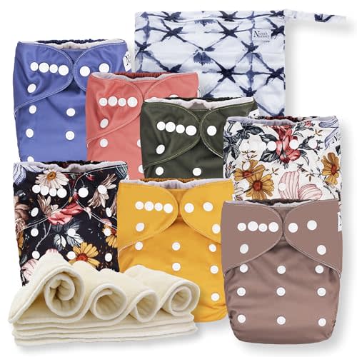 Nora's Nursery Cloth Diapers 7 Pack with 7 Inserts & 1 Wet Bag - Waterproof Cover, Washable, Reusable & One Size Adjustable Pocket Diapers for Newborns and Toddlers - Harlow