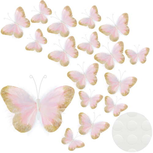 16 Pieces Feather 3D Butterfly Wall Decals Gold Glitter Butterfly Decor Stickers for Room Home Nursery Classroom Offices Kids Girl Boy Bedroom Bathroom Living Room Decor (Light Purple)