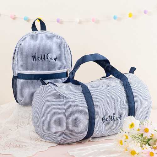 Monogram Seersucker Bag Set: Custom Baby Backpack & Duffel