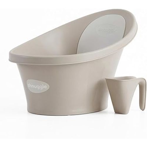 Shnuggle Newborn Bath Essentials Bundle | Baby Bath with Support Bump and Soft Backrest & Rinse Jug | Safe, Gentle, and Stylish Bathtime Set for Babies & Toddlers | Taupe
