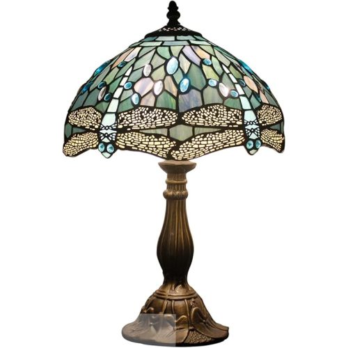 WERFACTORY Tiffany Lamp Sea Blue Stained Glass Table Lamp 12X12X18 Inches Dragonfly Style Desk Reading Light S147 Series