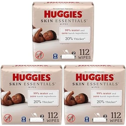 Huggies Skin Essentials Baby Wipes, Hypoallergenic, 99% Water, 2 Flip Top Packs (112 Wipes Total) (Pack of 3)