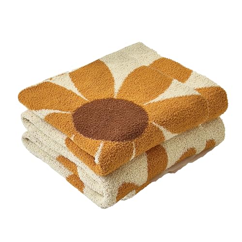 Ultra Soft Cozy Daisy Sunflower Knitted Throw Blanket Fluffy Microfiber Checkerboard Bed Blanket Lightweight Both Sides Blanket for Couch Sofa Bed (Daisy Orange, Baby 30"x40")