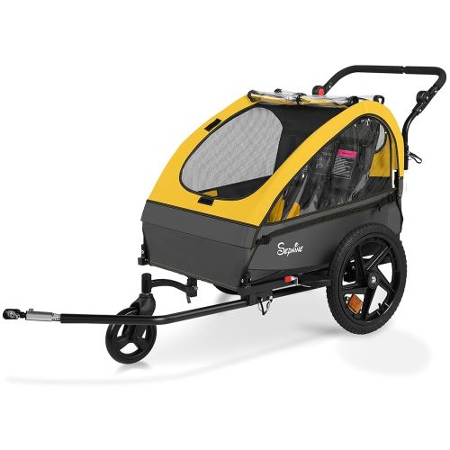 Sepnine Kids Bike Trailer, 2 in 1 Canopy Carrier Converts to Pushcart Suitable for 1 to 2 Kids, 12+ Months, Quick Attach to Bike, Foldable, with 5-Point Harness and Storage Bags