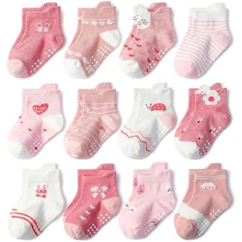 SkiBeaut Toddler Socks Non Slip Kids Anklet Socks for Boys Girls Grips 12 Pairs Slipper Gripper Toddlers Socks for 1-7 Years
