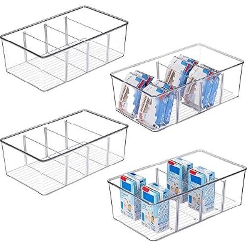 Vtopmart 4 Pack Food Storage Organizer Bins, Clear Plastic Bins for Pantry, Kitchen, Fridge, Cabinet Organization and Storage, 4 Compartment Holder Packets, Snacks, Pouches, Spice Packets