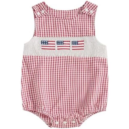 BeQeuewll 4th of July Baby Clothes Newborn Girl Boy Smocked Bubble Romper Flag Plaid Overalls Infant First 4th of July Outfit