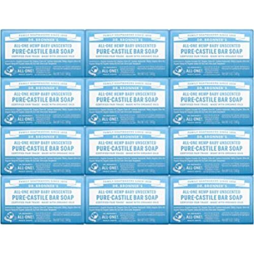 Dr. Bronner's - Pure-Castile Bar Soap (Baby Unscented, 5 Ounce, 12-Pack) - Made with Organic Oils, For Face, Body & Hair, Gentle for Sensitive Skin & Babies, No Added Fragrance, Biodegradable, Vegan