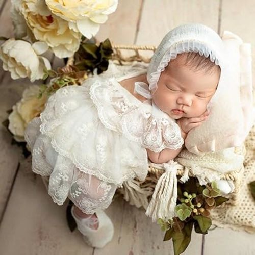 Ylsteed Newborn Photography Outfits Girl Newborn Photography Props Lace Romper with Headband Newborn Infant Photo Shoot Outfits Girls Photo Props Newborn Girl Photoshoot Outfits-Dress+Hat+Shoes