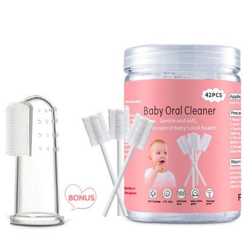 Baby Tongue Cleaner, Baby Toothbrush, 42Pcs Disposable Infant Toothbrush Clean Baby Mouth,Gauze Gum Cleaner Toothbrush Baby Oral Cleaning Stick Dental Care for 0-36 Month Baby+Free 1 Finger Toothbrush