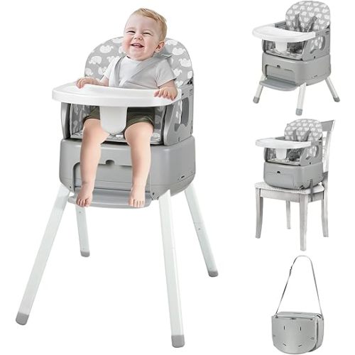 4 in 1 Portable Baby High Chair,Convertible Highchair for Babies & Toddlers-Foldable Infant Booster Seat,Carry Small Box,Dining Chair,Toddler High Chair with 5-Point Harness,Removable Tray-Grey