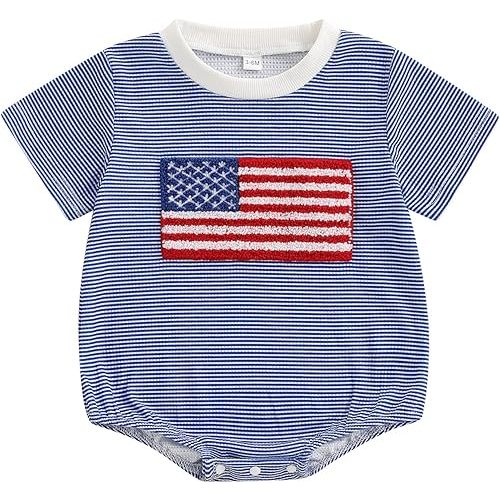 Suolongsama Newborn Baby Boy Girl 4th of July Outfit American Flag Bubble Romper Waffle Striped Bodysuit Summer Clothes