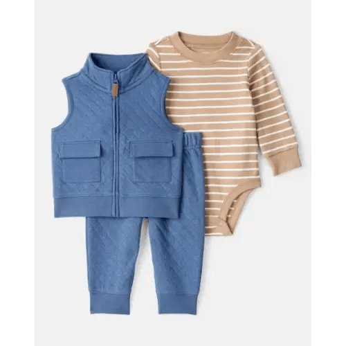 Baby Boy 3-Piece Quilted Vest Outfit Set - Blue/Brown | Carter's