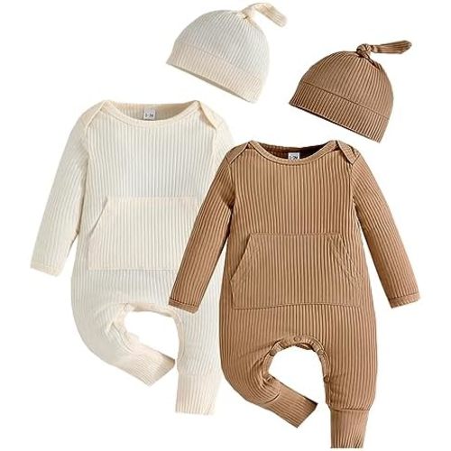Bafeicao Newborn Baby Boy Girl Romper Ribbed Long Sleeve Jumpsuit with Hat Infant Coming Home Outfit Clothes Set