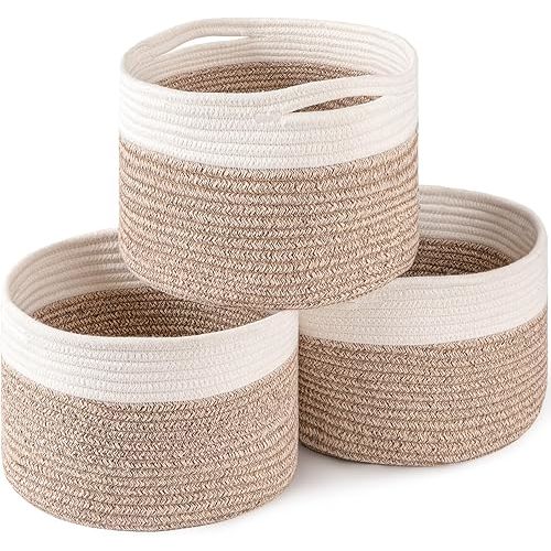 OIAHOMY Small Storage Baskets for Organizing,Closet Cube Shelf Storage, 9.8”×9.8”×7.1”, Woven Cotton Rope Gift Baskets for Nursery,Cute Dog Toy bins, Round 3 Packs, White & Brown