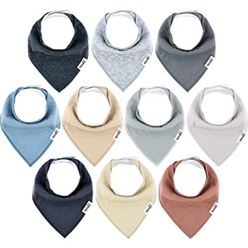Meerdif 100% Organic Cotton Neutral Solid 10-Pack Baby Drool Bandana Bibs for Boys and Girls, Unisex Plain Colors for Teething and Drooling.