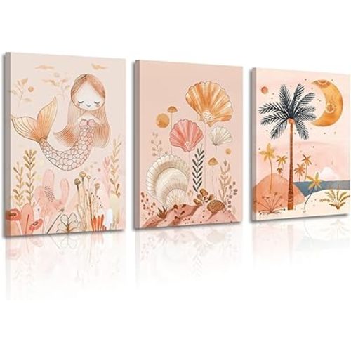 Zeredi Boho Kids Wall Art Pink Mermaid Seashell Palm Tree Canvas Print Nursery Wall Decor Boho Tropical Mermaid Vibes Canvas Print Poster for Baby Girls Toddler Kids Bedroom Framed 12"x16" Set of 3
