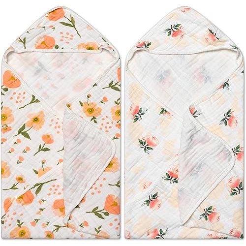 Zainpe 2Pcs Muslin Baby Hooded Towel Flowers Pattern Soft Cotton Absorbent Bath Towel Blanket Set for Infant Shower Gifts Newborn Essential Toddler Boys Girls 31.5 X 31.5 in