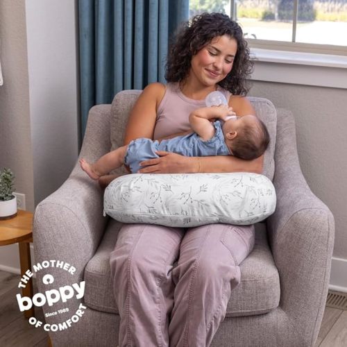 Boppy Nursing Pillow - Firm, Ergonomic U-Shaped Bottle and Breastfeeding Pillow with High Lift for Comfort and Support, Spacious Surface - Gray Gentle Leaves
