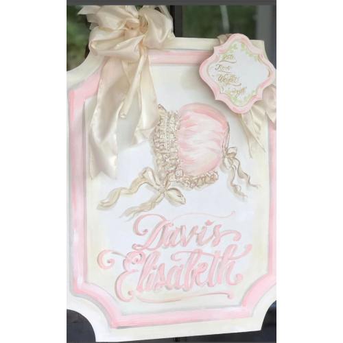 Baby bonnet door hanger and tag. Dondee Hicks. Artist Tree. My Artist Tree.