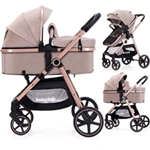 Lortsybab 2-in-1 Baby Stroller - Folding Infant Newborn Pram Stroller with Reversible Seat - Toddler Strollers for 0-36 Months Old Babies (Beige)