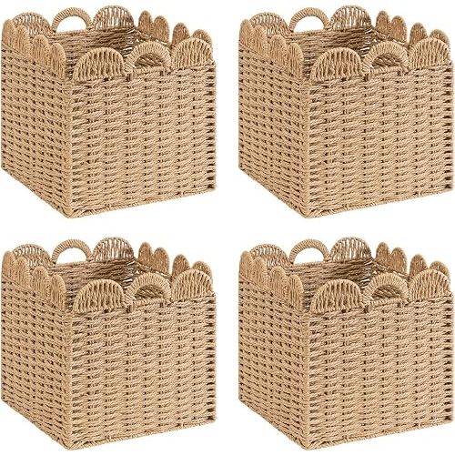 Set of 4 Scalloped Wicker Storage Cubes Basket,12"x12"x12" Heavy Duty Paper rope Baskets for Shelves,Bathroom, Bedroom, Laundry, Pantry (Khaki&12 x 12 x 12in&4-Pack)