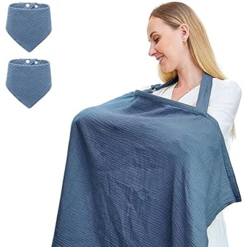 Muslin Nursing Cover for Breastfeeding, Breathable 100% Cotton Privacy Nursing Covers with Rigid Hoop for Mother Nursing Apron, Include Two Baby Bibs, Soft Arch Neckline Nursing Apron